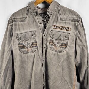 Affliction Gray Premium Embroider Mens Lg Black Skull Biker Grunge Button Down